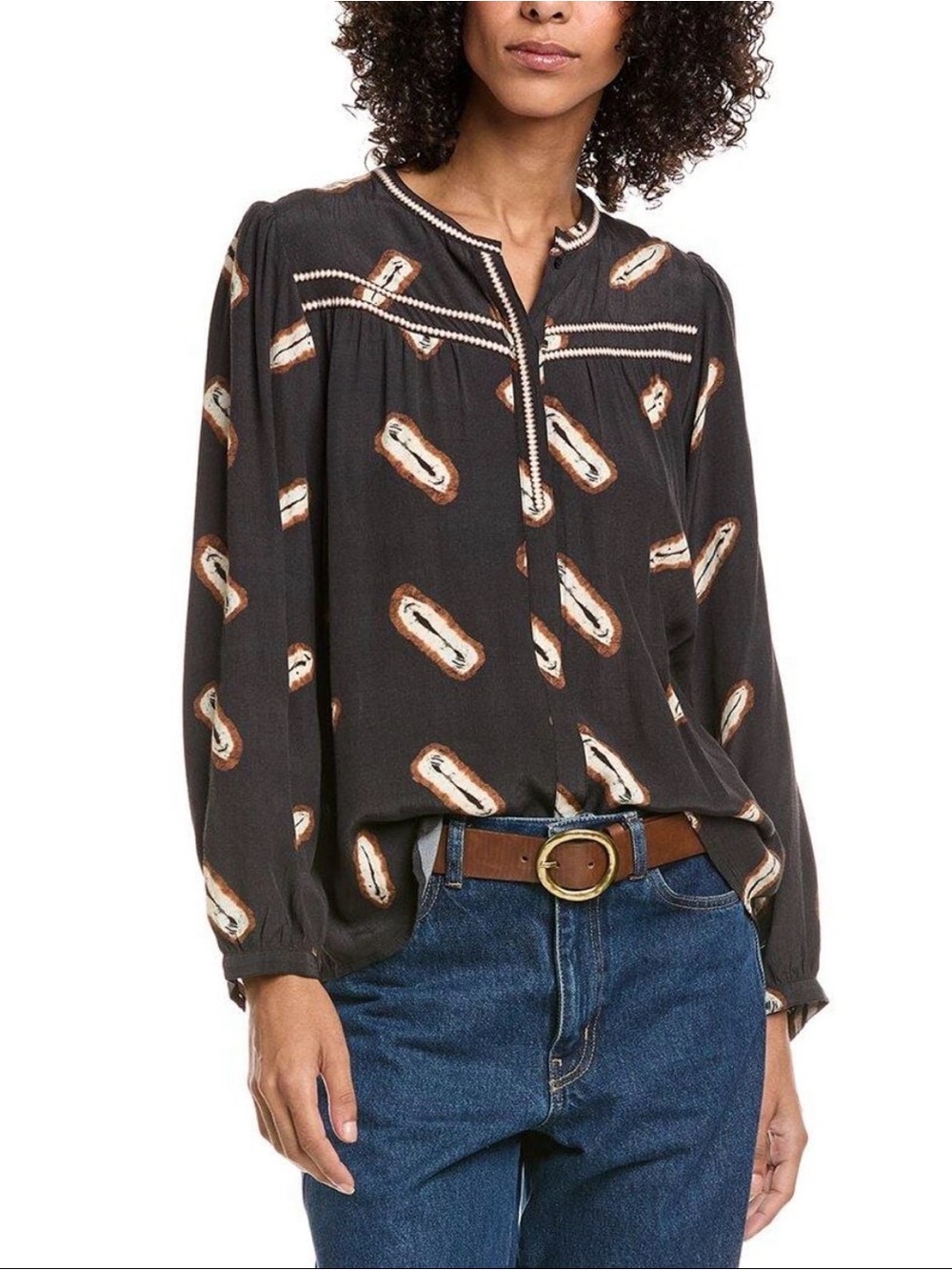 ba&sh Black Blouse with Cream and Tan Capella Print
